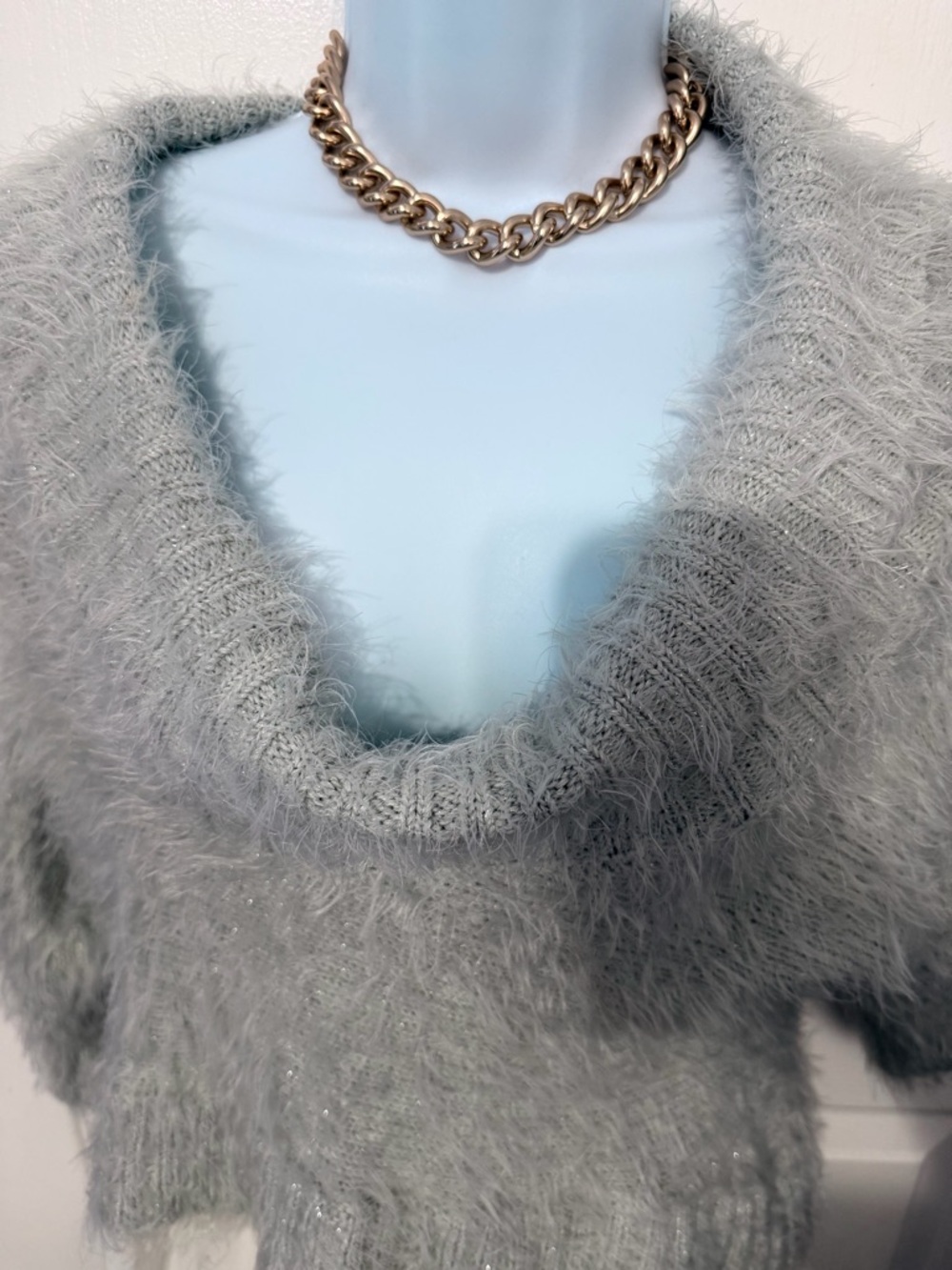 Cozy Light Gray Fuzzy V-Neck Sweater Top
